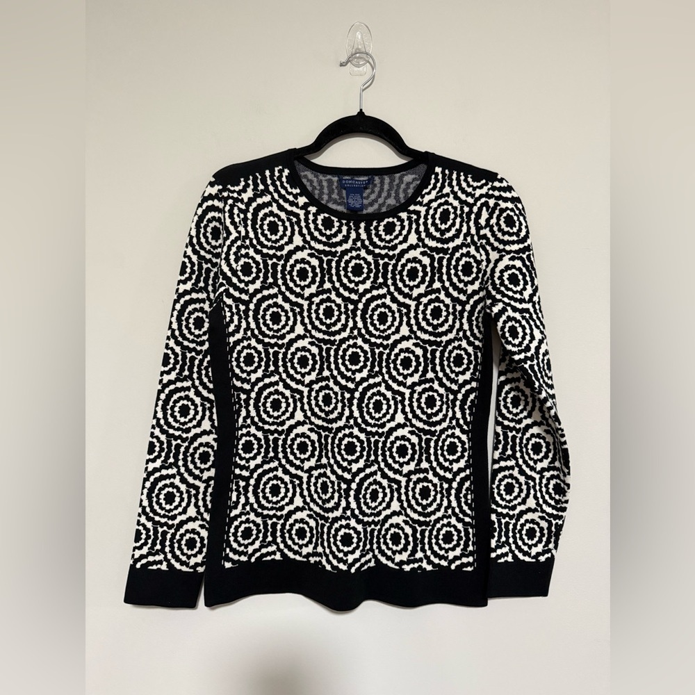 Doncaster Black White Floral Mod Silk Blend Sweater Size Medium Office Classic